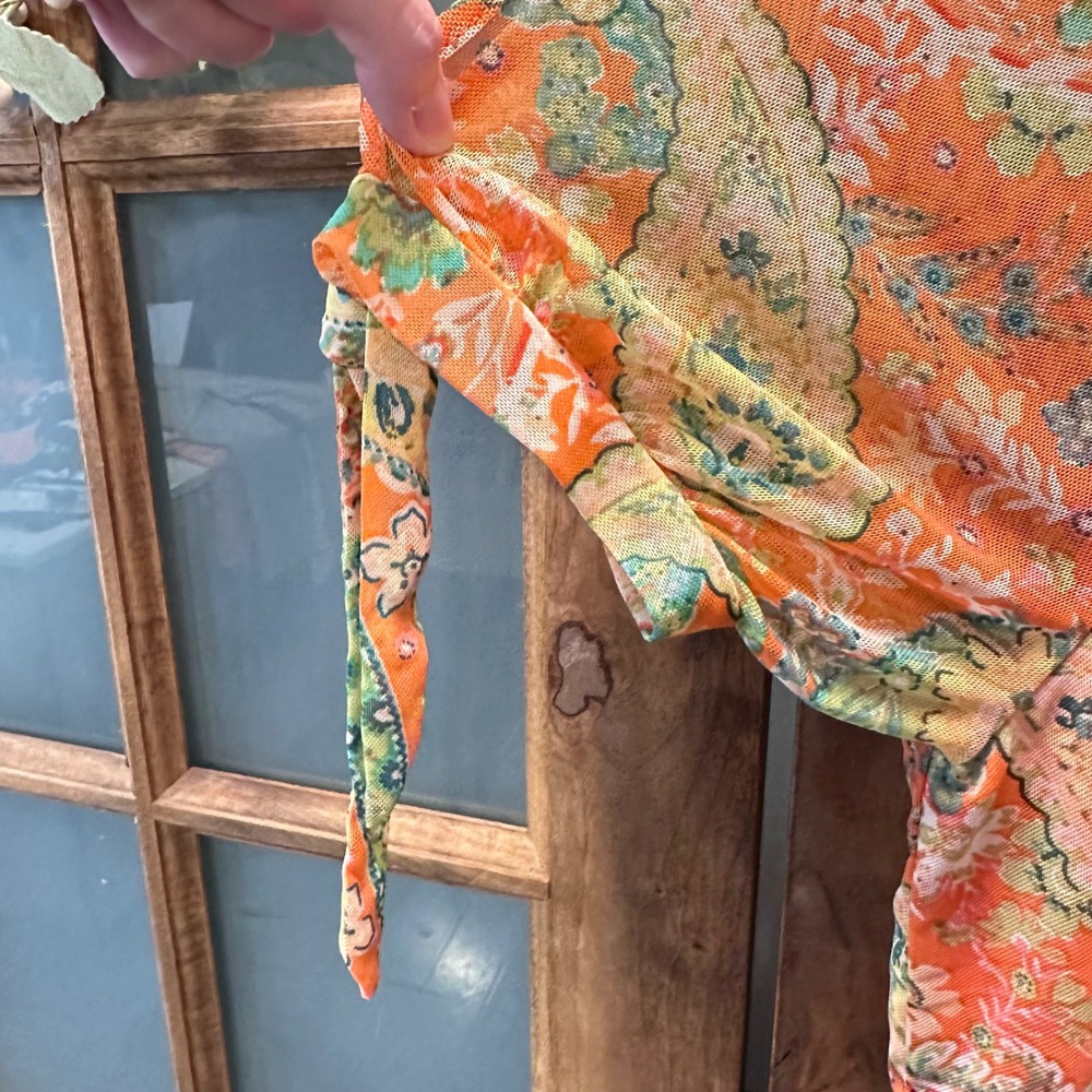 Joie de Vivre Tiered Mesh Midi Dress Women Size M Orange Paisley Smocked Waist - Picture 13 of 13